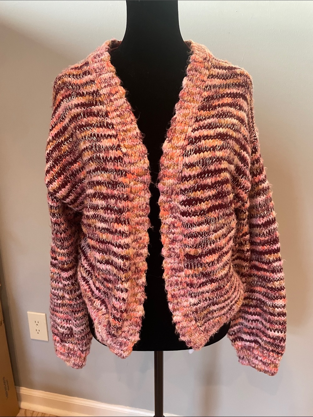 Pink Multicolor Chunky Knit Women's Cardigan open style small